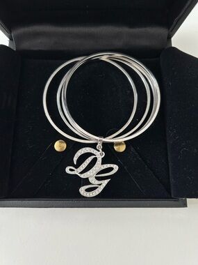 Dolce & Gabbana Silver Tone Bangle Set with 'DG' Crystal Initial Charm